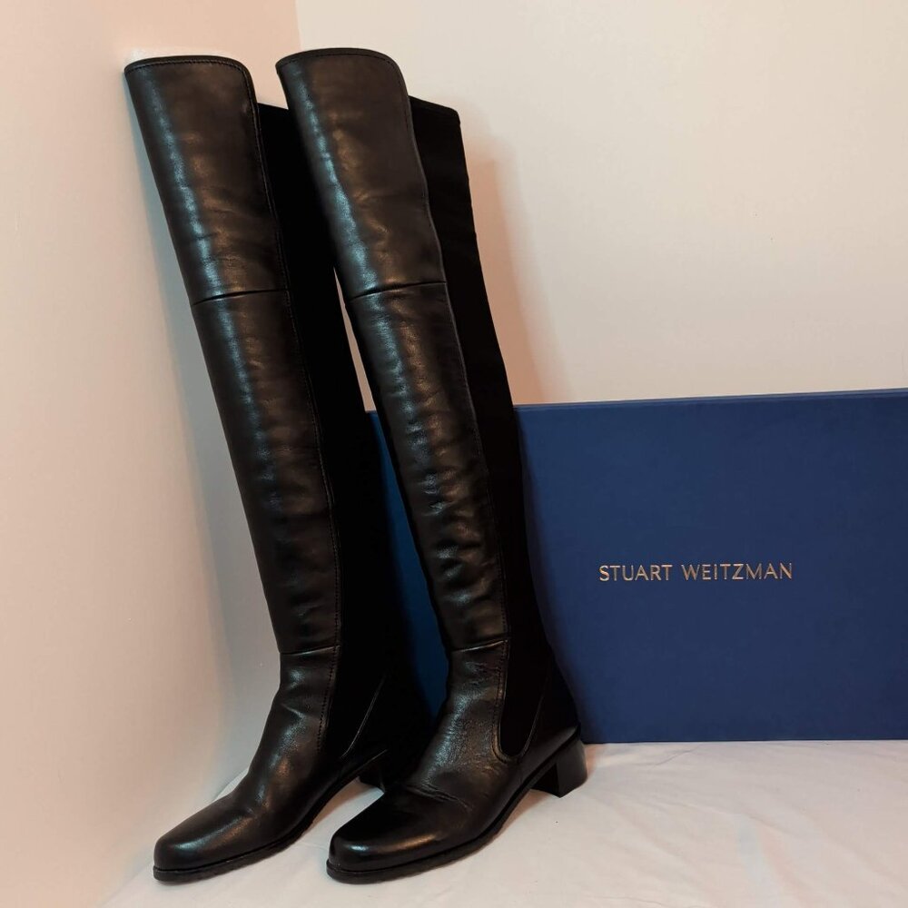 Stuart Weitzman Lynelle Black Leather and Neoprene Over-The-Knee Boots - Picture 2 of 11